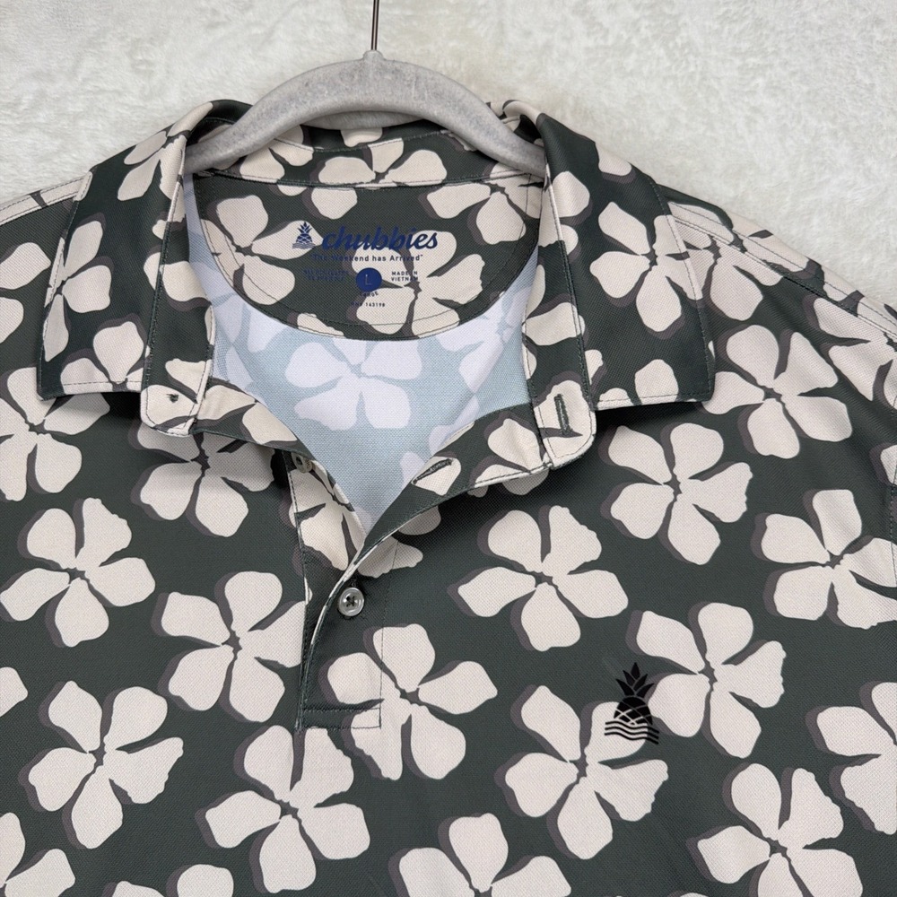 Chubbies Polo Shirt Men's L Olive Green Floral Stretch Performance Golf Casual